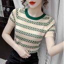 Tシャツ レディース 接触冷感 ニット 半袖 薄手 ポリエステル クルーネック スリムフィット リブ編み ストライプ柄 通勤 オフィスカジュアル きれいめ 春夏(4)