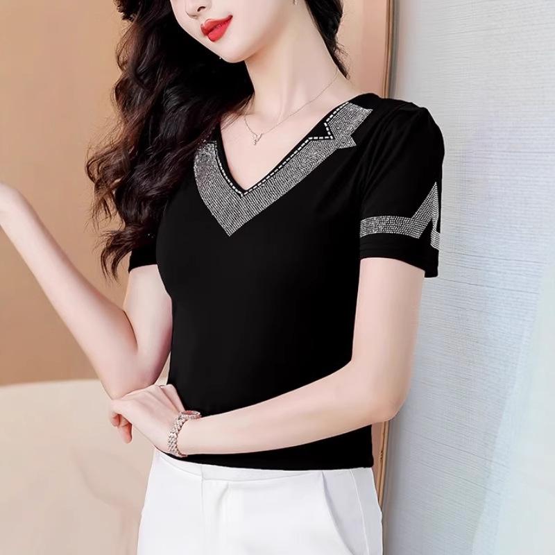 Tシャツ レディース ブラック Vネック ホットドリル 半袖 ポリエステル スリムフィット 細見え ママフ..