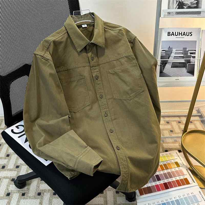 シャツ メンズ 春夏 長袖 ワークウェア トレンド レトロ ウォッシュ加工 ゆったり カジュアル 無地 万..