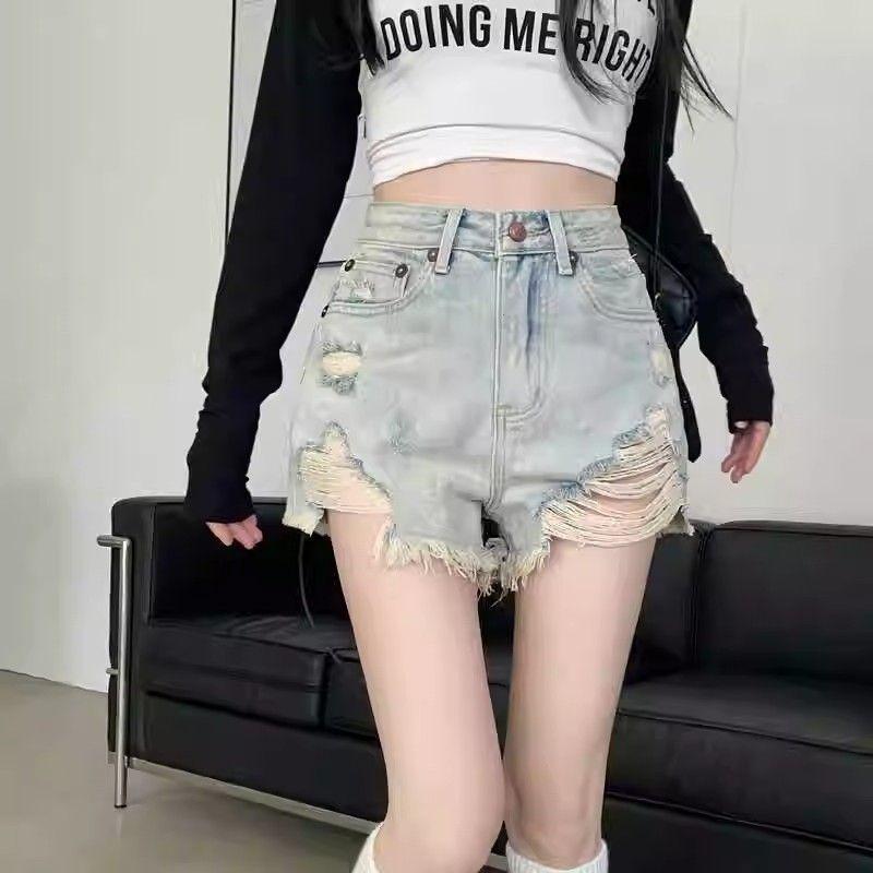 デニムショートパンツ レディース ハイウエスト ダメージ加工 Aライン ゆったり 短パン パンツ