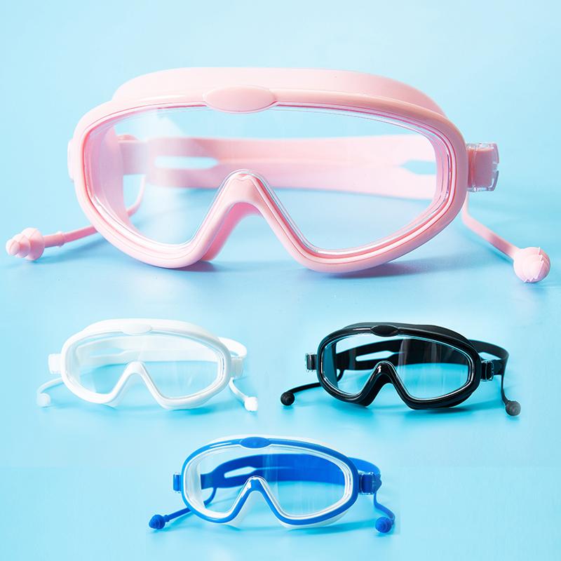 水泳ゴーグル 子供 メンズ レディース兼 防水 防曇 フラット 大きめフレーム 一体型 耳栓 スイミングゴーグル 潜水 セット