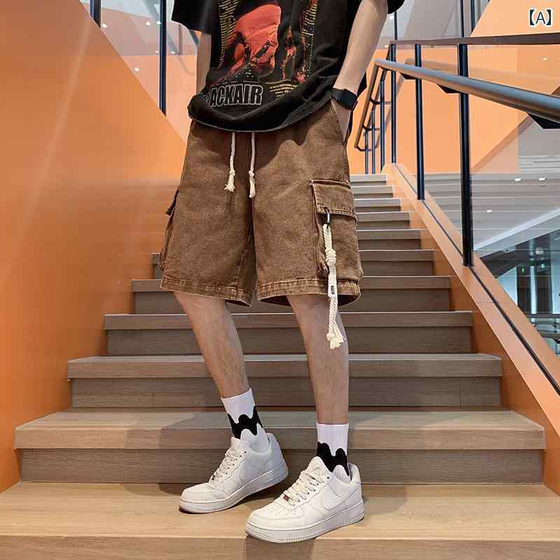 デニム ショートパンツ メンズ 春夏 アメリカン ワークスタイル ストレート ハーフパンツ ゆったり ルーズフィット カジュアル トレンド レトロ ヴィンテージ 万能 普段使い レジャー 耐久性 ダークブルー ライトブルー ブラウン