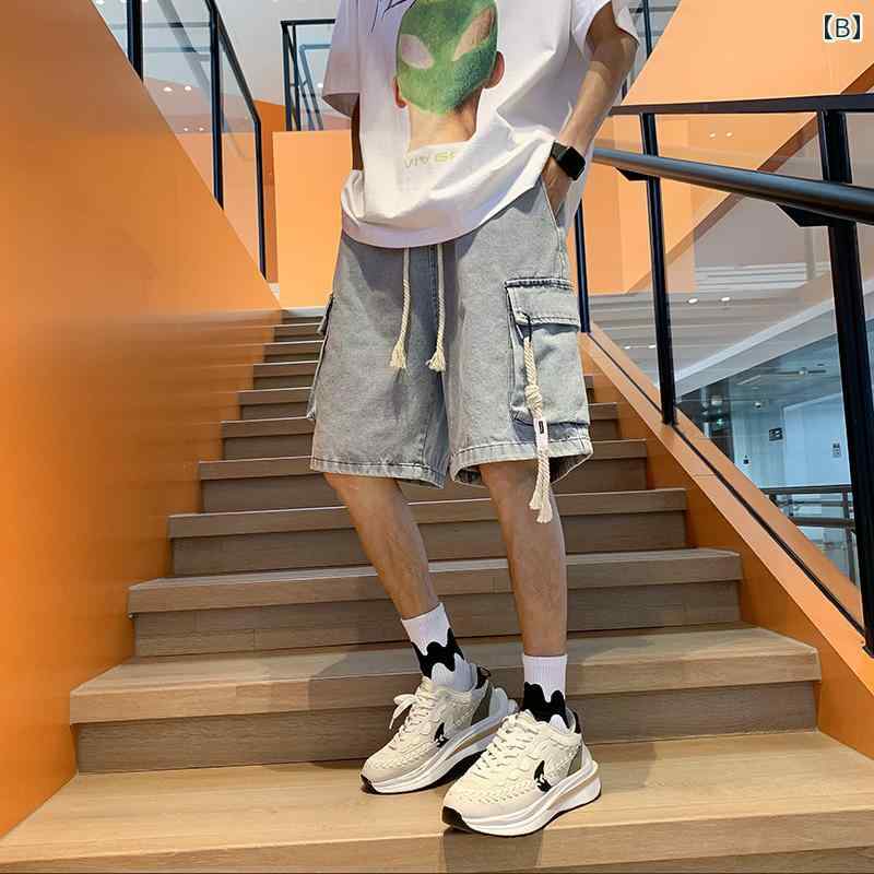 デニム ショートパンツ メンズ 春夏 アメリカン ワークスタイル ストレート ハーフパンツ ゆったり ルーズフィット カジュアル トレンド レトロ ヴィンテージ 万能 普段使い レジャー 耐久性 ダークブルー ライトブルー ブラウン