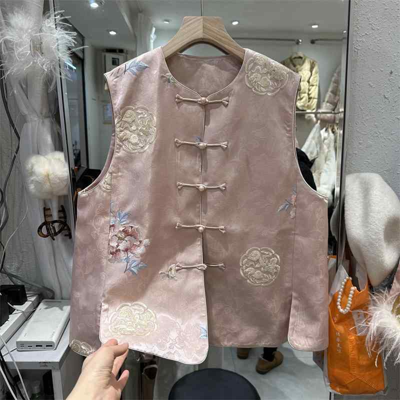 大きいサイズ ベスト レディース 唐装風 刺繍 チャイナ風 ジャケット 重ね着 トップス