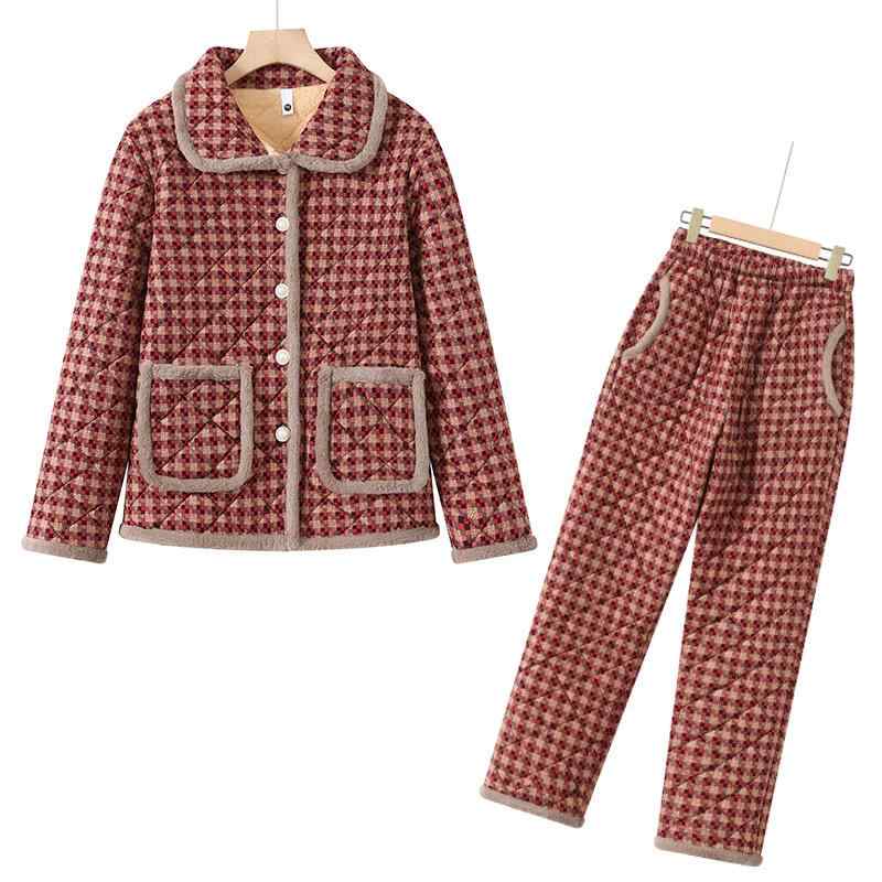 大きいサイズ 綿入り 上下セット レディース 裏起毛 あったか 格子柄 ホームウェア 2点セット 冬