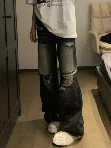 ジーンズ メンズ レディース ダメージ加工 ストレート ゆったり ワイドレッグ ジーンズ メンズ レディース ダメージ加工 ストレート ゆったり ワイドレッグ