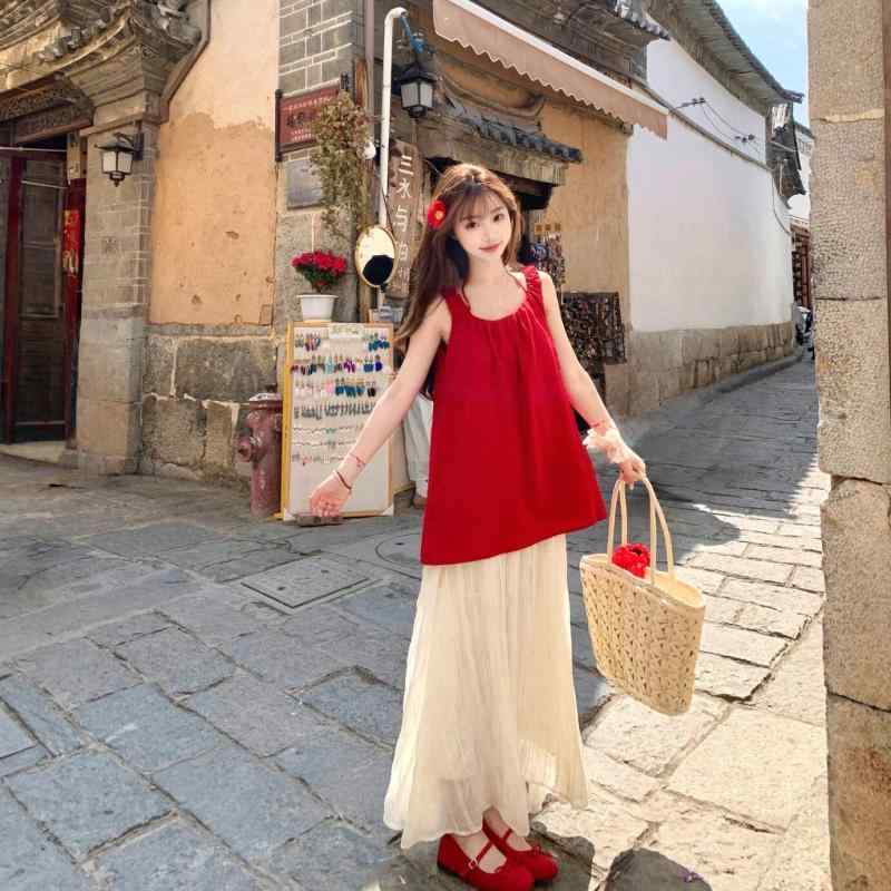 トップス キャミソール 韓国 レトロ 赤 夏 撮影 ゆったり 美白