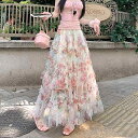 スカート 花柄 チュール ふんわり ふんわり ケーキスカート レディース 夏 薄手 涼しい 涼しい ハイウエスト 着痩せ ヒップラップ ロングスカート フレアスカート 傘スカート