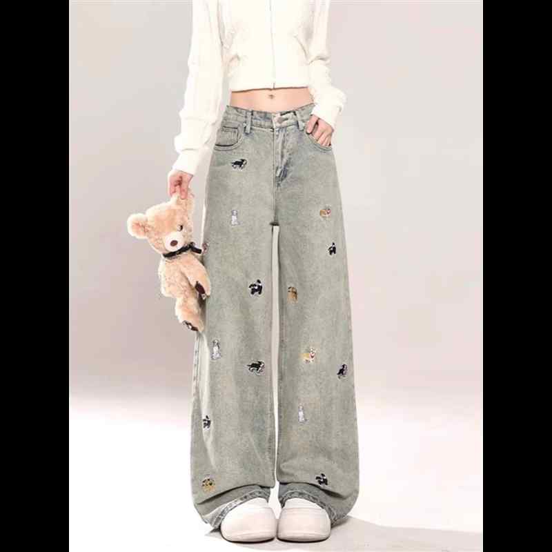 デニム ジーンズ レディース 春秋 ハイウエスト ゆったり 着痩せ ストレート ワイドレッグ パンツ