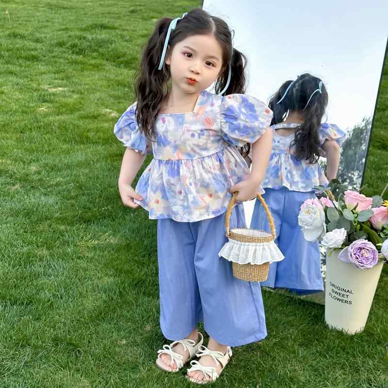 セットアップ 子供 女の子 夏 花柄 パフスリーブ 薄手 涼しい 夏服