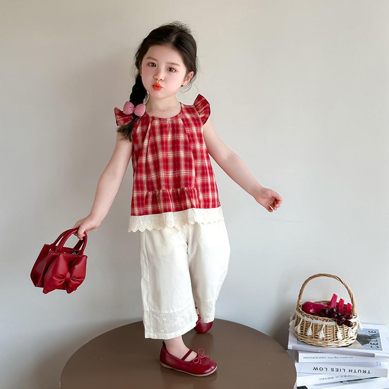 セットアップ キッズ 子供 女の子 夏服 上着 格子柄 花柄 半袖 ブラウス ワイドパンツ 綿