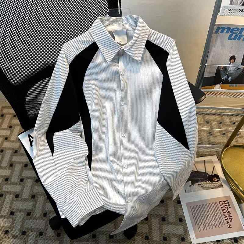 シャツ メンズ 長袖 ストライプ 配色切り替え オーバーサイズ ルーズフィット カジュアル トップス アウター ノーアイロン