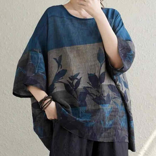 大きめサイズ Tシャツ レディース 夏服 ゆったり 体型カバー 綿麻 エスニック風 ラウンドネック 大きめサイズ Tシャツ レディース 夏服 ゆったり 体型カバー 綿麻 エスニック風 ラウンドネック