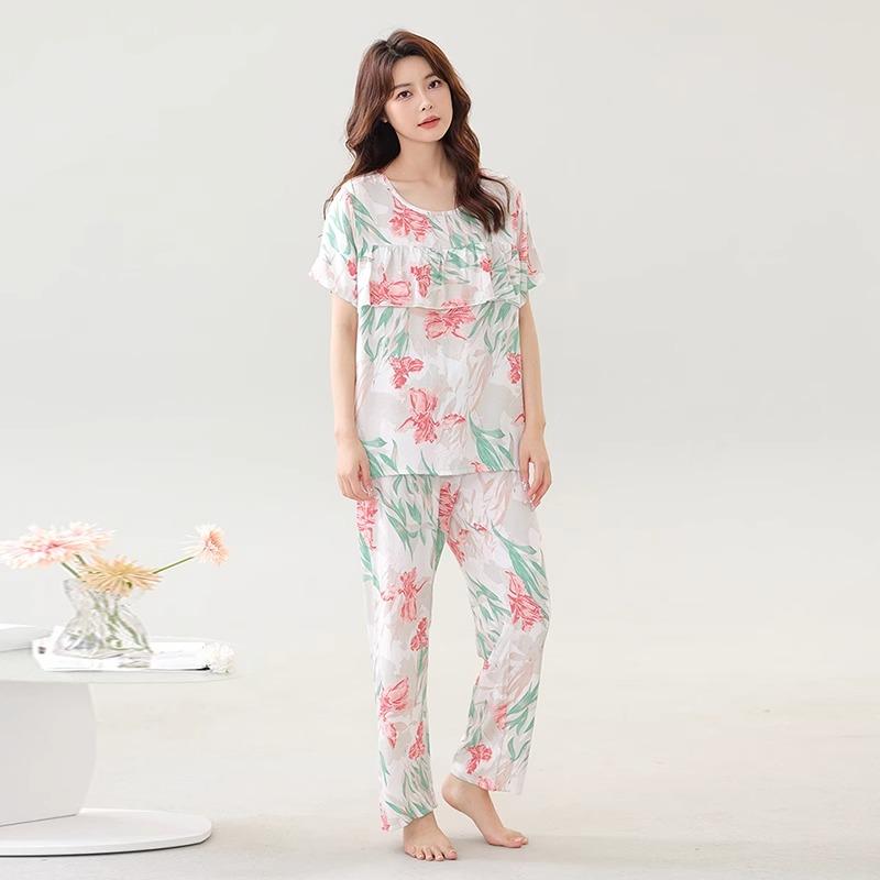 大きいサイズ パジャマ ルームウェア レディース 夏 半袖 長ズボン 綿 上下セット 部屋着 ゆったり