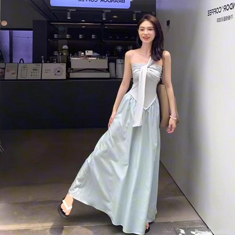 ワンピース レディース 夏 ブルー おしゃれ オフショルダー リボン タイト 着痩せ