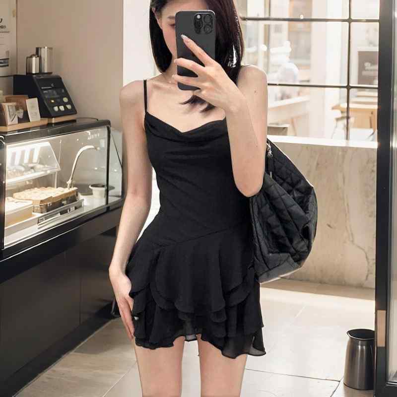 ワンピース レディース 夏 キャミソール パープル ケーキスカート ミニスカート 背中開き 細見え Aライン