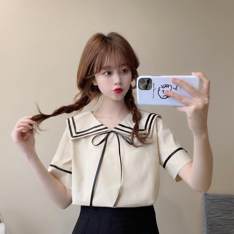 シャツ レディース 半袖 夏 韓国 ゆったり セーラー ブラウス