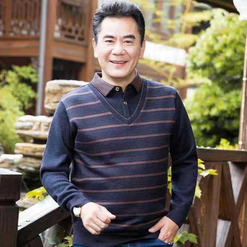 Tシャツ メンズ 長袖 春秋 薄手 涼しい ゆったり セーター ニット ストライプ 紳士服(4)