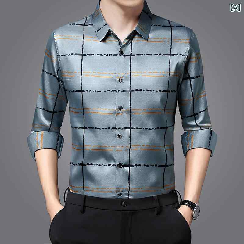 シャツ メンズ 中年男性 春秋 長袖 薄手 ビジネス カジュアル 接触冷感 ゆったり チェック柄 紳士服 普段使い レギュラーカラー 青系