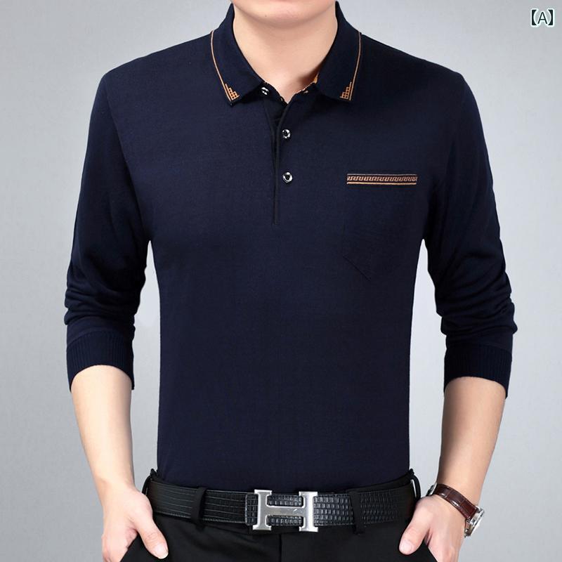 Tシャツ メンズ 長袖 春秋 綿 ポケット ゆったり 無地 ニット パパ 薄手 涼しい