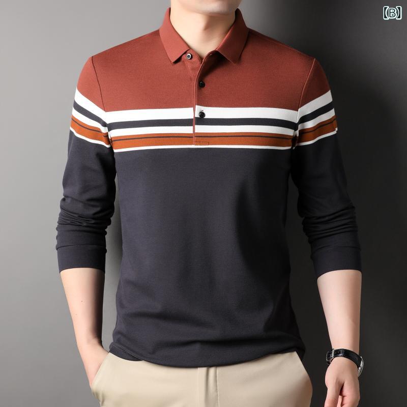 ポロシャツ メンズ 中年男性用 長袖 ストライプ柄 コットン 綿 薄手 ゆったりシルエット 春秋 普段使い ビジネスカジュアル トップス