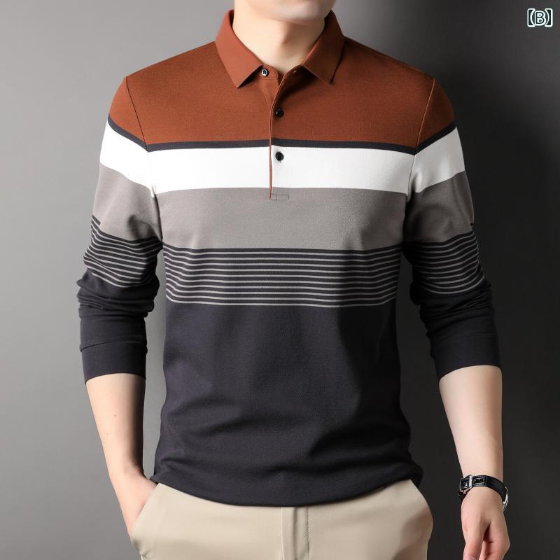 ポロシャツ メンズ 中年男性向け 長袖 ストライプ柄 ゆったり ビジネス カジュアル 普段使い 紳士 薄手 春秋 ミリタリーグリーン ブルー レンガ色