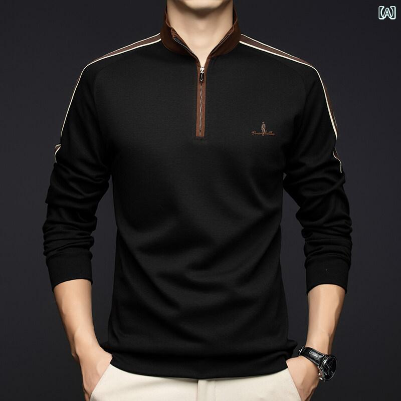 ポロシャツ メンズ 春秋 長袖 シルケット加工綿 スタンドカラー ジップアップ トップス カジュアル ビジネスシーン 普段使い デイリーユース ゆったり ルーズフィット 吸汗速乾 快適 コットン 男性 ミドルエイジ Tシャツ カットソー