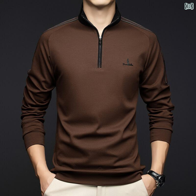 ポロシャツ メンズ 春秋 長袖 シルケット加工綿 スタンドカラー ジップアップ トップス カジュアル ビジネスシーン 普段使い デイリーユース ゆったり ルーズフィット 吸汗速乾 快適 コットン 男性 ミドルエイジ Tシャツ カットソー