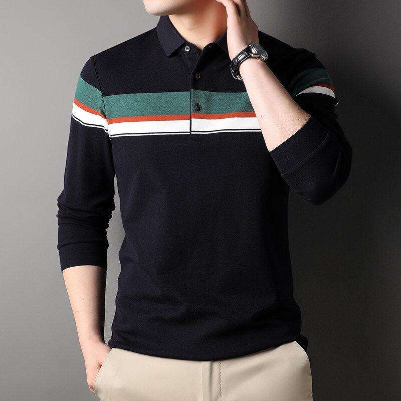 ポロシャツ メンズ 中年男性用 襟付き 長袖 ストライプ柄 綿素材 薄手 ゆったりシルエット ビジネス カ..