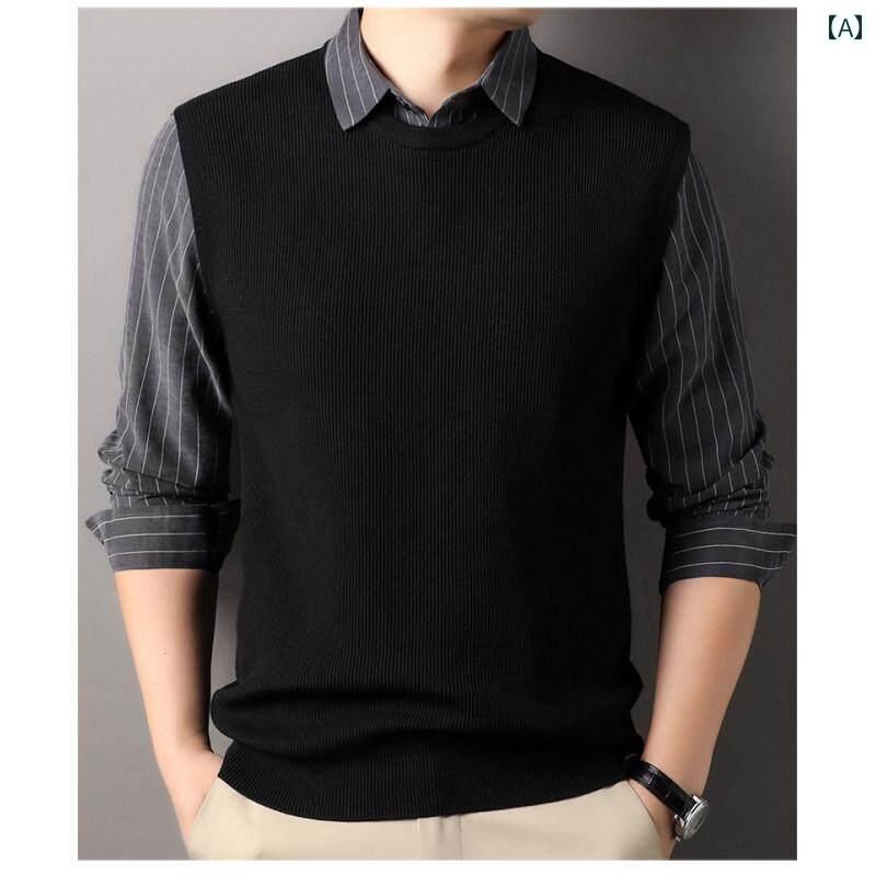 トップス メンズ ミドル世代 フェイクレイヤード 長袖 Tシャツ シャツ襟 インナー カジュアル 普段使い ビジネスカジュアル 春秋 ゆったり ブラック ベージュ