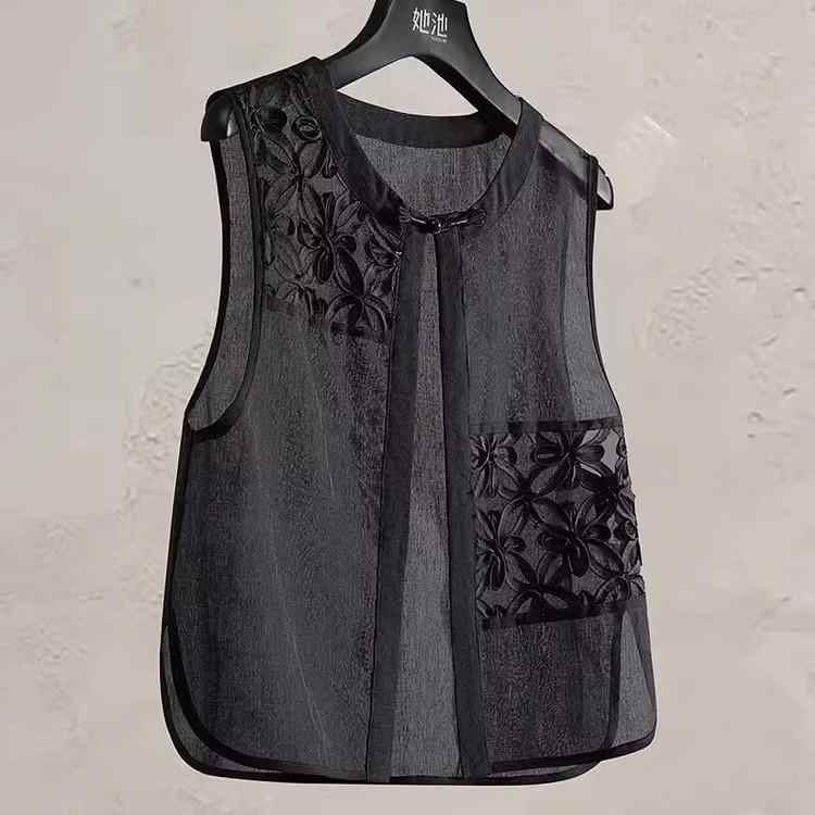 ベスト レディース 新チャイナ風 オリエンタルスタイル レトロ オーガンジー 薄手 接触冷感 刺繡 盤扣 UVカット 羽織り 春夏 通勤 オフィス ラウンドネック 無地 ブラック