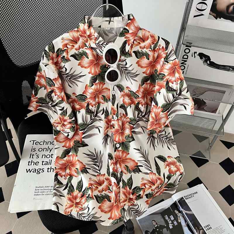 シャツ ユニセックス 半袖 花柄 ボタニカル柄 アロハシャツ 開襟 ゆったり リラックスフィット ビーチ リゾート 旅行 レジャー アウトドア タイ風 ポリエステル 速乾 夏 アプリコット