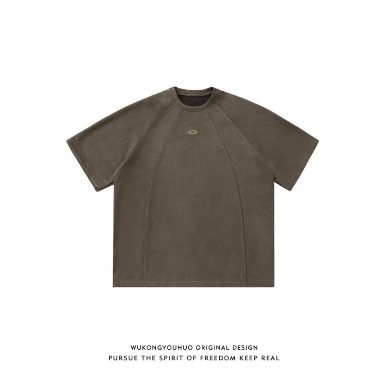 Tシャツ メンズ ヘビーウェイト スエード調 半袖 クルーネック レトロ 切り替え デザイン ルーズフィット オーバーサイズ 夏 ストリート カップル ストレッチ 抗菌