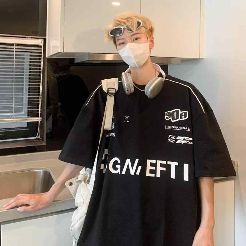 Tシャツ メンズ 半袖 夏 レトロ ハイストリート VIBE トレンド ファッション 機能性 レーシング ストラ..