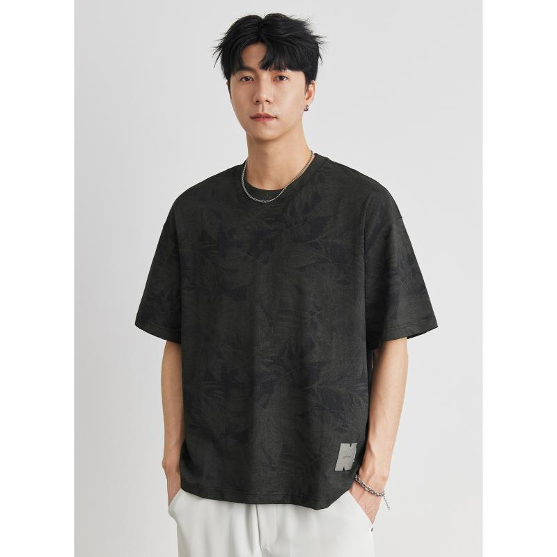 Tシャツ メンズ 男性 半袖 ヘビーウェイト 厚手 コットン リーフ総柄 ルーズフィット クルーネック サ..