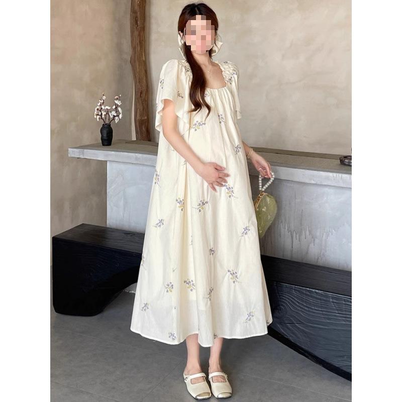 ワンピース マタニティ 夏 フレンチ 小花柄 ゆったり リラックス 体型カバー スクエアネック 九分袖 花..