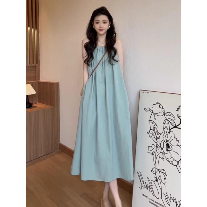 Long - ワンピース レディース 春夏 フレンチ ノースリーブ Aライン ロング丈 ゆったり リラックス 無地 ポリエステル リゾート 旅行 普段使い 膝下丈 アプリコット 大人可愛い