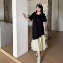 ワンピース レディース ぽっちゃりさん向け 春夏 薄手ニット コットン バイカラー 切り替え マーメイドライン 高級感 ロング丈 ラウンドネック フェミニン 普段使い