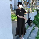 ワンピース レディース フレンチスタイル カジュアル 半袖 ゆったり ロング丈 マーメイドスカート 大きいサイズ リラックススタイル ラウンドネック 切り替え ポリエステル ブラック グレー 夏