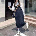 ワンピース プラスサイズ 女性用 デニム ジャンパースカート サロペットスカート ゆったり Aライン 体型カバー 着痩せ 細見え ミモレ丈 おしゃれ 個性派 ノースリーブ カジュアルスタイル 春夏 青