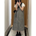 ワンピース レディース 大きいサイズ サロペットスカート ジャンパースカート 綿 コットン ロング丈 Aライン 体型カバー ゆったり カジュアル おしゃれ 春夏 ワークスタイル グレー ブラック