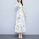 ワンピース レディース シフォン 小花柄 Aライン ロング丈 Vネック 半袖 ハイウエスト 体型カバー 着痩せ ゆったり 上品 エレガント 高級感 春夏(4)