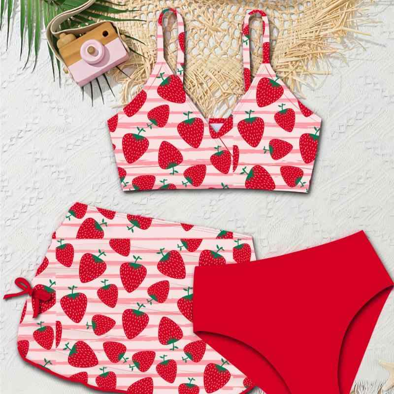 水着 キッズ 女の子 ビキニ 3点セット 春夏 いちご柄 ストロベリープリント レッド 赤 ポリエステル カジュアル 韓国風 かわいい おしゃれ プール スイミング 海水浴 リゾート ビーチ 爽やか 万能