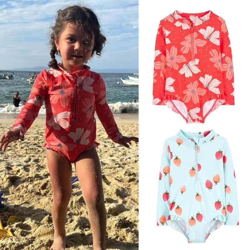 水着 女の子 ベビー キッズ 幼児 小学生 ジュニア 長袖 ワンピース UVカット 日焼け対策 ポリエステル ナイロン いちご柄 小花柄 チェリー柄 ビーチ プール 海水浴 夏用