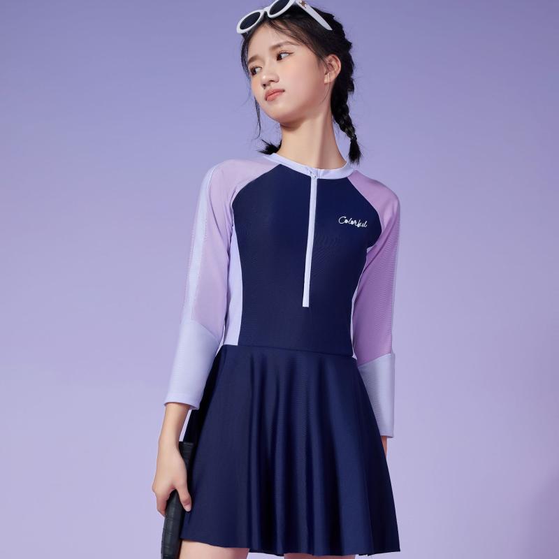 水着 女の子 女子 中学生 ワンピース ミドル丈 フレアスカート スポーツ スイムウェア スイミング 練習用 ポリエステル グリーン パープル