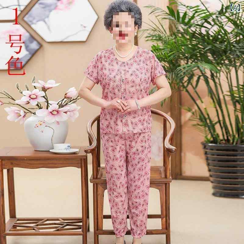 パジャマ レディース 中高年 シニア お母さん向け 接触冷感 半袖 薄手 2点セット 上下セット ルームウェア 部屋着 シンプル プリント柄 春夏