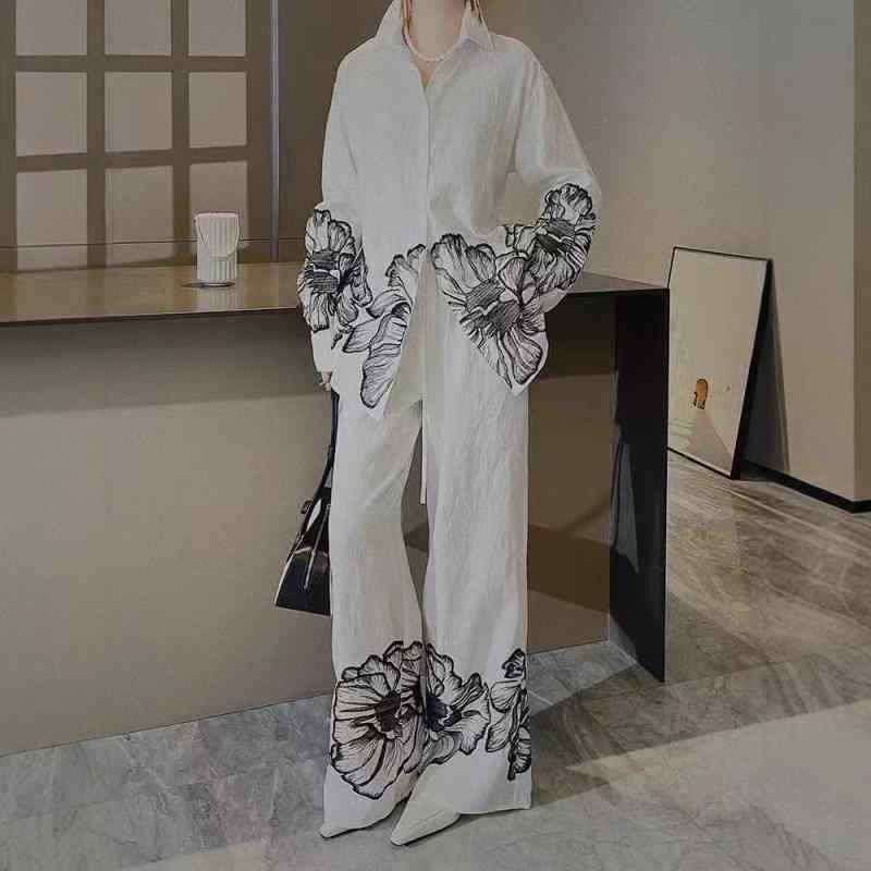 セットアップ レディース 麻 リネン 刺繍 花柄 長袖シャツ ハイウエスト ロングパンツ 春夏 無地 ホワイト カーキ カジュアルスタイル 普段使い