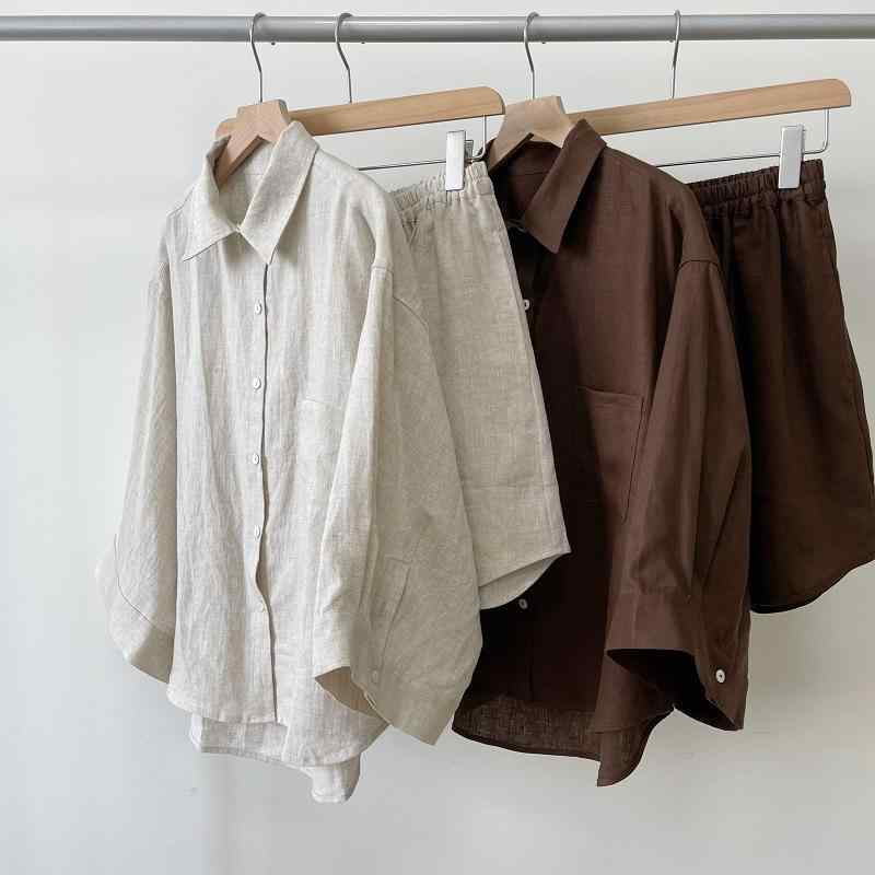 レディース リネン セットアップ シャツ ハイウエスト ショートパンツ 上下セット 九分袖 ゆったり リラックス 無地 夏 大人カジュアル おしゃれ ナチュラルカラー ブラウン