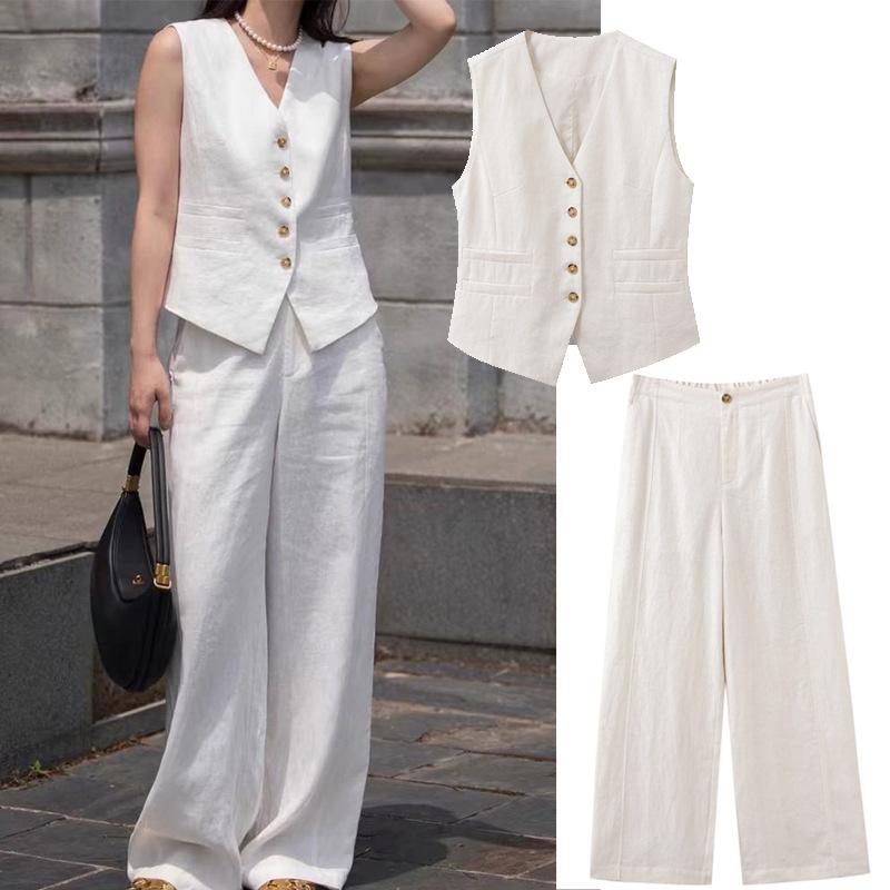 セットアップ レディース ベスト ジレ ロングパンツ 麻 リネン ストーンウォッシュ加工 厚手 春夏 ミニマル 上品 きれいめ 通勤 オフィス オフホワイト アイボリー