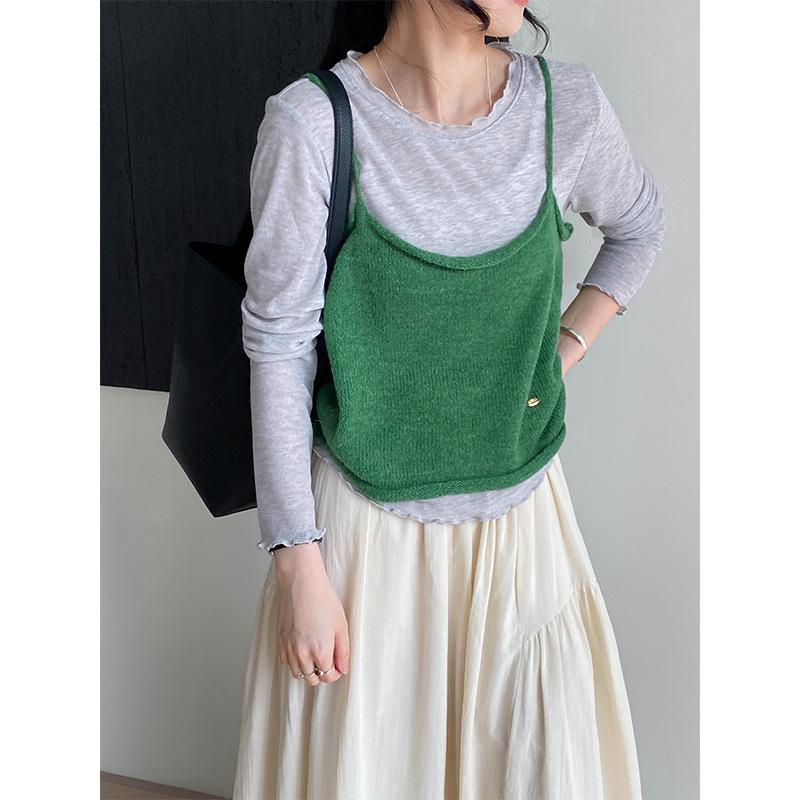 ニットキャミソール レディース 韓国風 カジュアル デイリーユース ショート丈 着回し 伸縮性 無地 ナ..